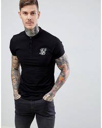 Siksilk Muscle Fit T Shirt In Black With Grandad Collar