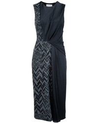 Black Herringbone Wool Midi Dress