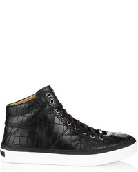 Jimmy Choo Belgravia Black Crocodile Embossed Leather Sneakers