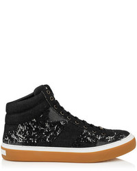 Jimmy Choo Belgravia Black Large Check Frayed Denim High Top Trainers