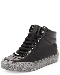 Jimmy Choo Belgravia Leather High Top Sneaker With Crackle Sole Black