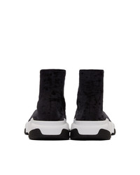 Balenciaga Black And White Crushed Velvet Speed Sneakers