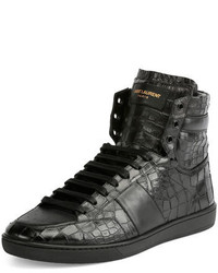 Saint Laurent Croc Embossed Leather High Top Sneaker Black