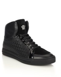 Versace Grecca Embossed Leather Suede High Top Sneakers