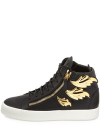 Giuseppe Zanotti Leather High Top Sneaker With Golden Wings Black