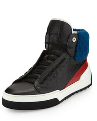 Fendi Leather High Top Sneakers With Sheep Fur Blackredblue