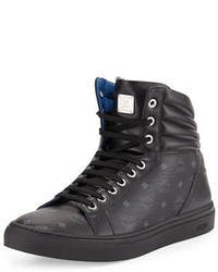 MCM Monogrammed Leather High Top Sneaker Black
