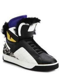 Fendi Monster Fur Trimmed Leather High Top Sneakers