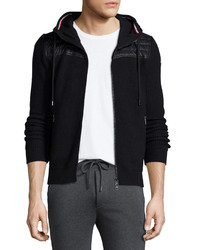 Moncler Hooded Zip Up Sweater With Nylon Black