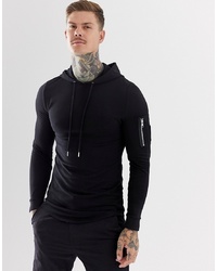 ASOS DESIGN Longline Muscle Fit Hoodie With Ma1 Pocket And Curved Hem In Black