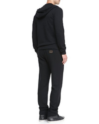 Dolce & Gabbana Zip Front Hoodie Short Sleeve Henley Sweatpants With Logo Plaque