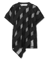 Black Horizontal Striped Chiffon Crew-neck T-shirt