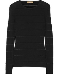 Michael Kors Michl Kors Collection Sheer Striped Ribbed Merino Wool Blend Sweater Black
