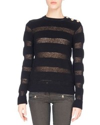 Balmain Sheer Stripe Button Shoulder Sweater Black