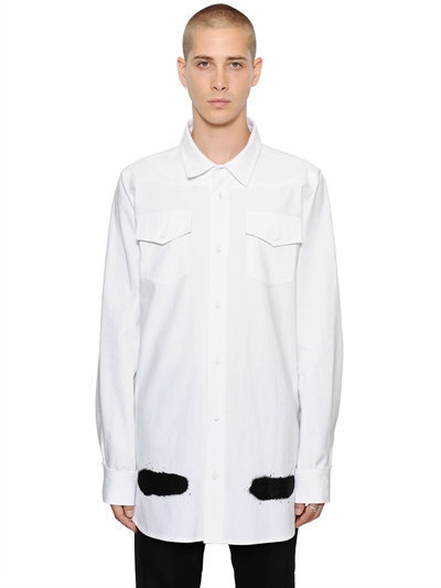 Off-White Spray Stripes Cotton Denim Shirt, $517 | LUISAVIAROMA