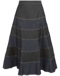 Vilshenko Matrona Striped Denim Midi Skirt Black