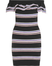MSGM Off The Shoulder Striped Stretch Cotton Blend Mini Dress Black