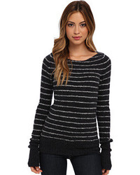 Black Horizontal Striped Fluffy Crew-neck Sweater