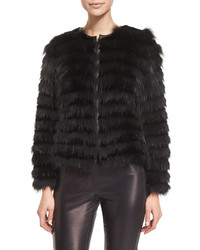 Burberry London Horizontal Striped Fur Coat Black