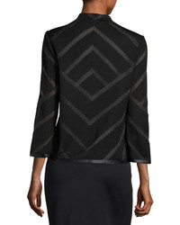 Ming Wang Striped Faux Leather Trim Knit Jacket Black