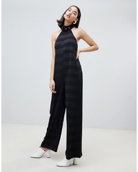 LOST INK Sleeveless Jumpsuit With Collar In Tonal Stripe