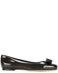 Black Horizontal Striped Leather Ballerina Shoes
