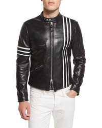Tom Ford Contrast Stripes Leather Moto Jacket Black