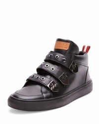 Black Horizontal Striped Leather High Top Sneakers