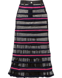Sacai Striped Mesh And Grosgrain Maxi Skirt