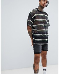 Black Horizontal Striped Mesh Crew-neck T-shirt