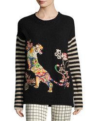 Etro Striped Sleeve Tiger Embroidered Wool Sweater Black