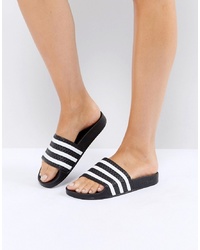 Black Horizontal Striped Rubber Flat Sandals