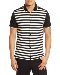 KARL LAGERFELD PARIS Stripe Short Sleeve Button Up Knit Shirt