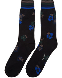 Sacai Black And Blue Flower Socks