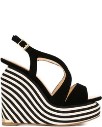 Black Horizontal Striped Suede Wedge Sandals
