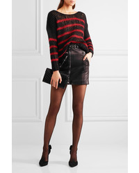 Saint Laurent Striped Open Knit Wool Blend Sweater Black