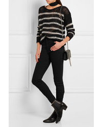 Saint Laurent Striped Open Knit Wool Blend Sweater Black