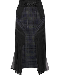 Sacai Chiffon Paneled Houndstooth Wool Blend Tweed Midi Skirt Midnight Blue
