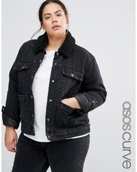 Asos Curve Curve Borg Jacket In Washed Black With Pockets