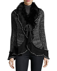 Neiman Marcus Faux Fur Trim Knit Jacket Black