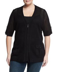 Misook Plus Sheer Zip Front Knit Jacket Black Plus Size