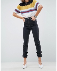 ASOS DESIGN Asos Farleigh High Waist Slim Mom Jeans In Washed Black With Hem Detail