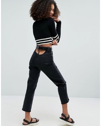 ASOS DESIGN Asos High Waisted Straight Leg Jeans With Open Back In Ashes Washed Black With Belt