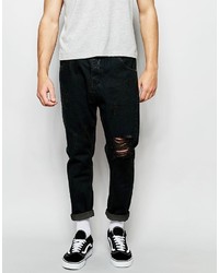 Asos Brand Bow Leg Jeans In Washed Black With Raw Edge Waistband Detail