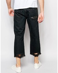 Asos Brand Straight Jeans In Cropped Length With Raw Edge And Rips