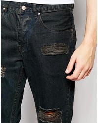 Asos Brand Straight Jeans In Cropped Length With Raw Edge And Rips