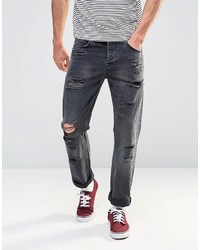 Asos Brand Straight Jeans With Rips In Washed Black