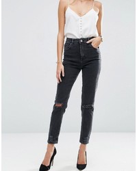 Asos Farleigh High Waist Slim Mom Jeans In Washed Black With Busted Knees