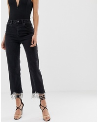 ASOS DESIGN Farleigh High Waist Straight Leg Jeans In Washed Black With Diamonte Tassel Hem