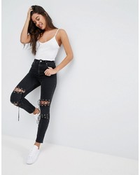 Asos Farleigh High Waisted Slim Mom Jeans In Washed Black With Tie Knees